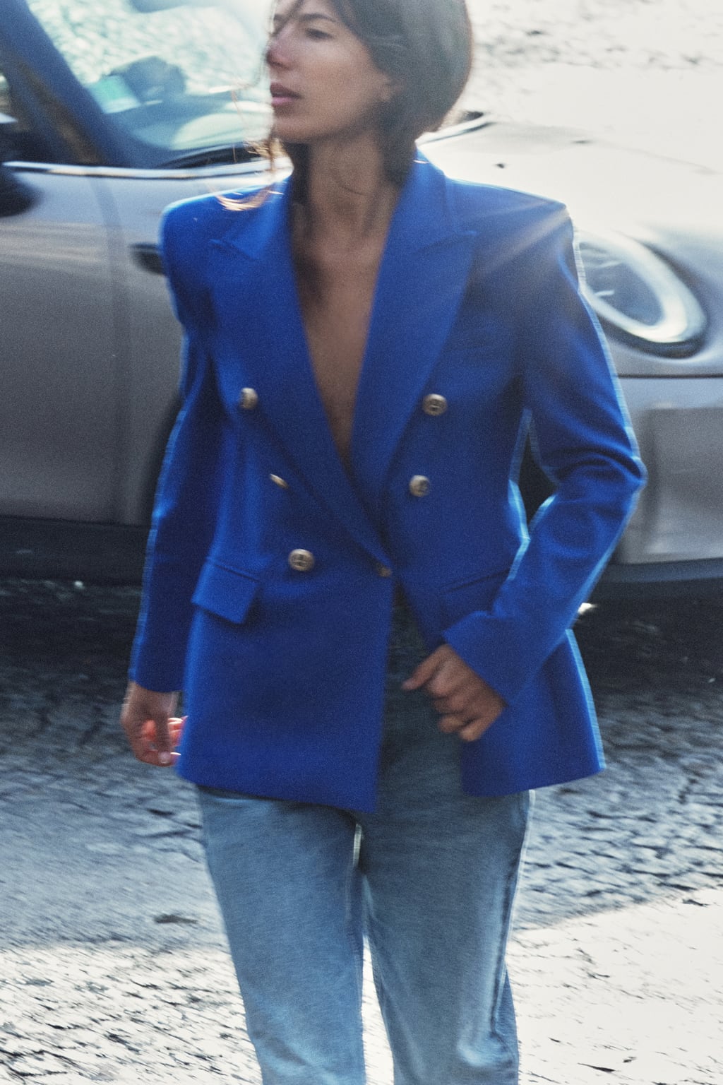 Двубортный пиджак строгого кроя ZARA, голубоватый пиджак двубортный zara зеленый