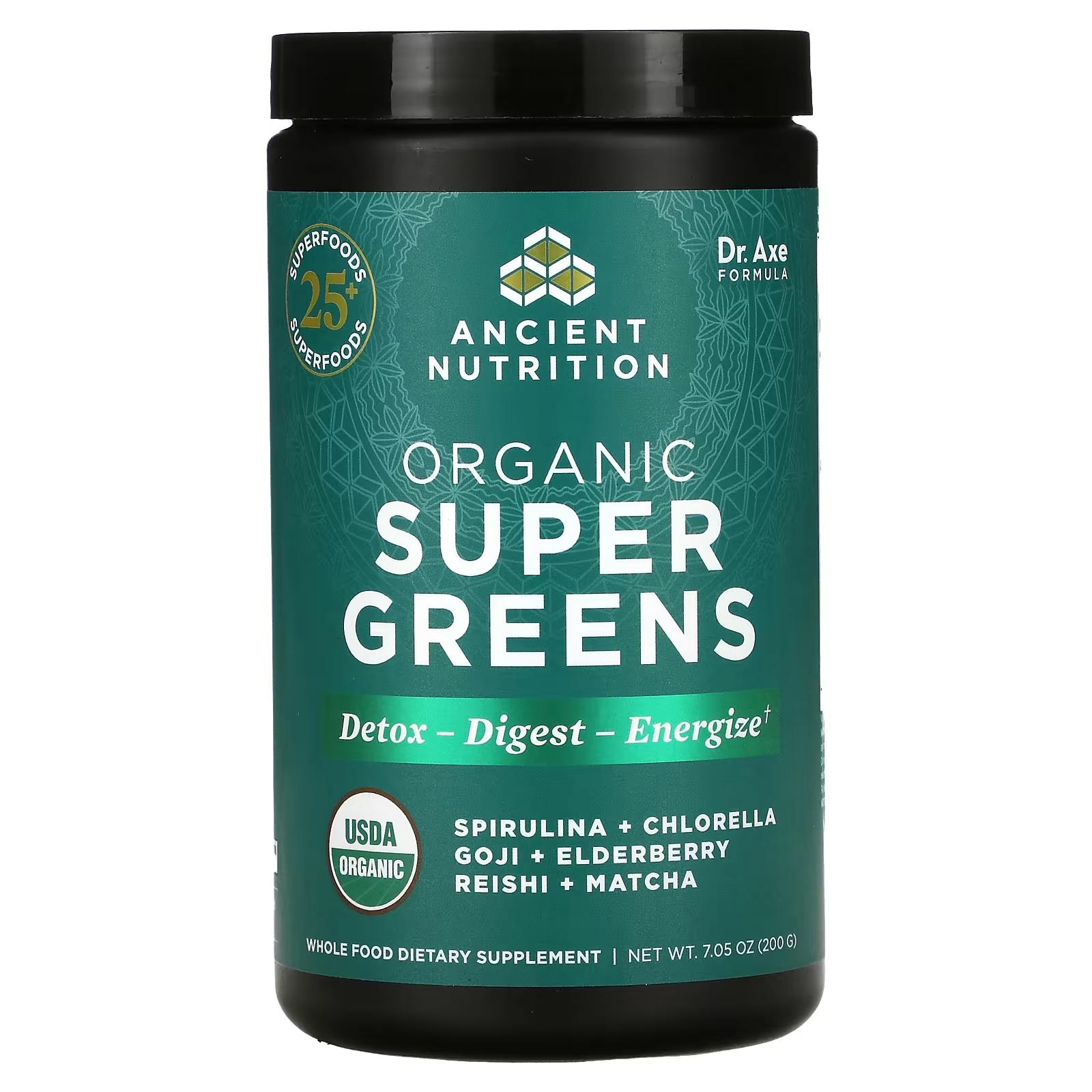Пищевая Органическая Добавка Dr. Axe / Ancient Nutrition Super Greens, 200 г органическая суперзелень ancient nutrition с мятой 205 г