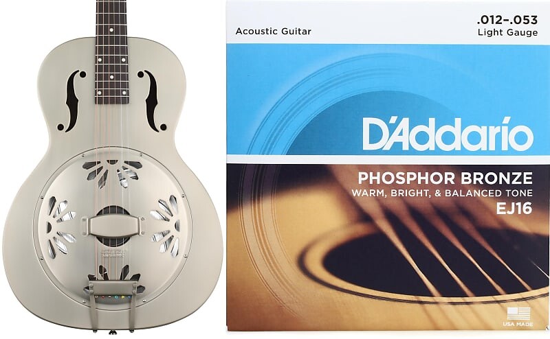 

Металлический резонатор Gretsch G9201 Honey Dipper с круглым вырезом, латунный корпус, накладка на гриф Padauk, струны для акустической гитары D'Addario EJ16 из фосфорной бронзы, свет 0,012–0,053 Gretsch + D'Addario 2717013000=1 EJ16=1