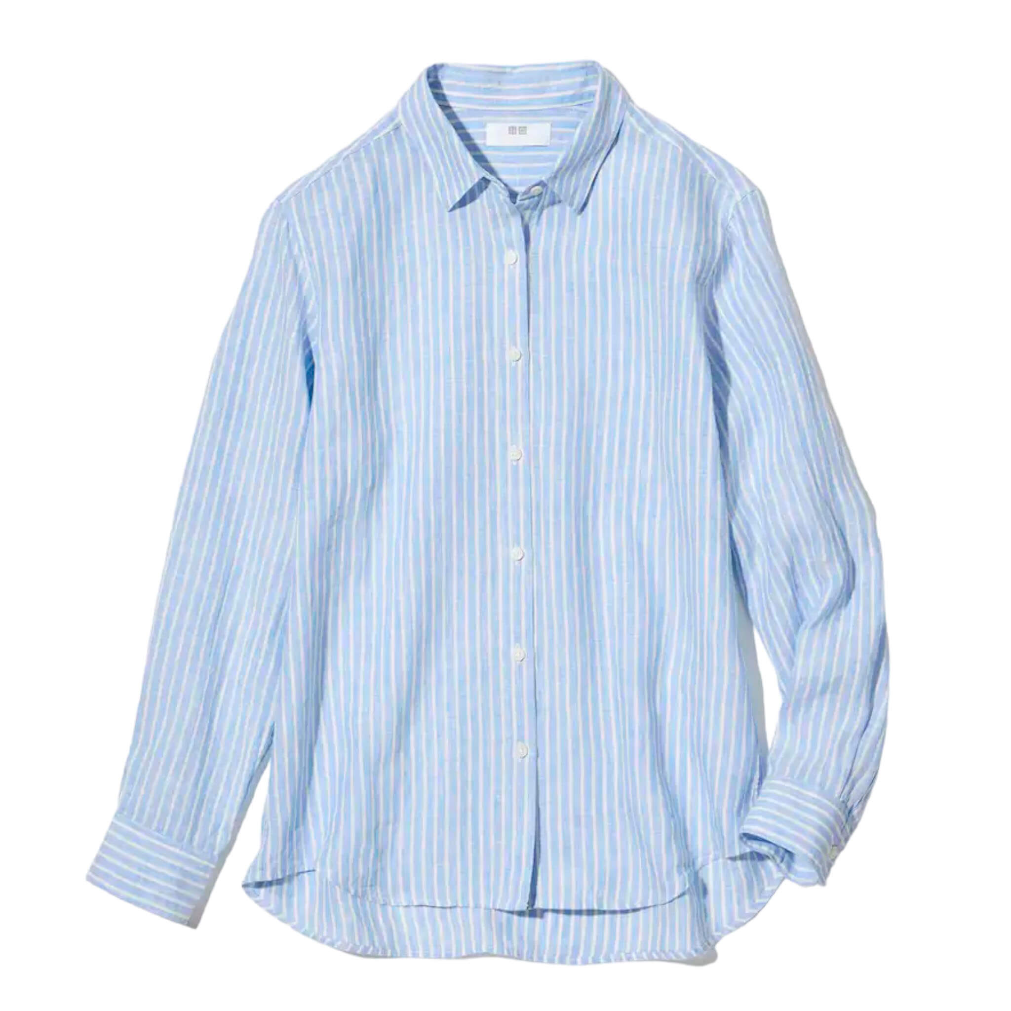 Рубашка Uniqlo Premium Linen Striped Long Sleeved, голубой