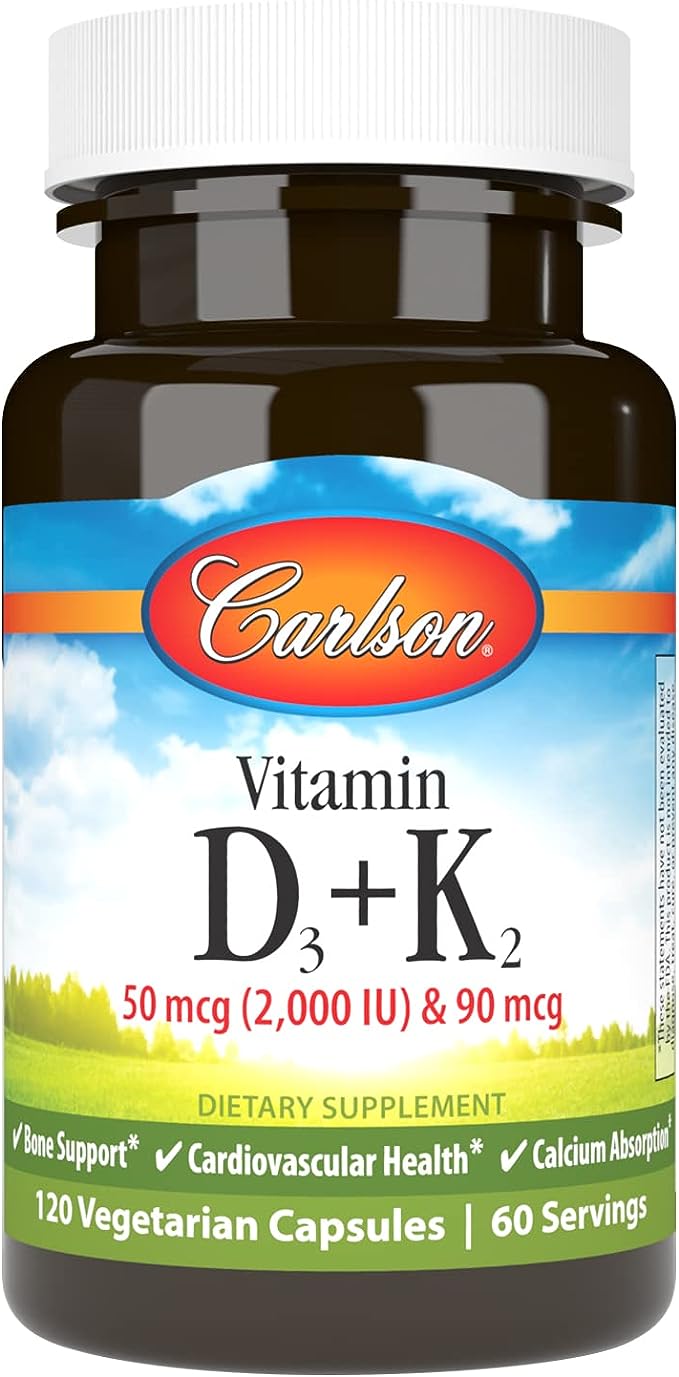 Carlson - Витамин D3 + K2, 50 мкг (2000 МЕ) витамина D3 и 90 мкг витамина K2 в виде MK7, 120 капсул витамин d3 k2 carlson 120 вегетарианских капсул
