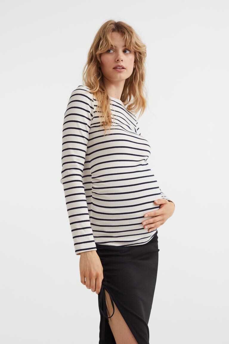 

MAMA Хлопковый топ с длинными рукавами H&M, кремовый/полосатый