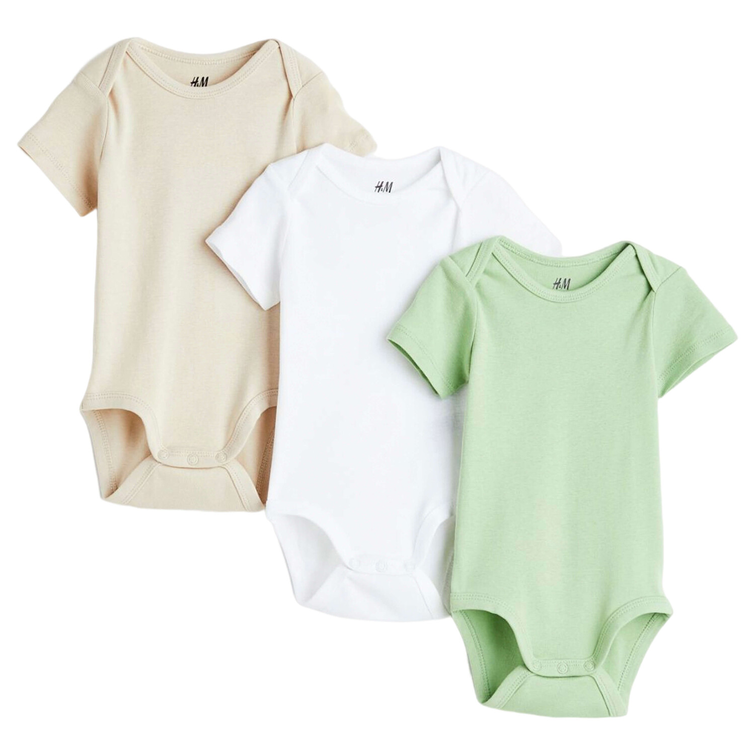 

Комплект боди H&M Short-sleeved, 3 штуки, светло-бежевый/белый/зеленый
