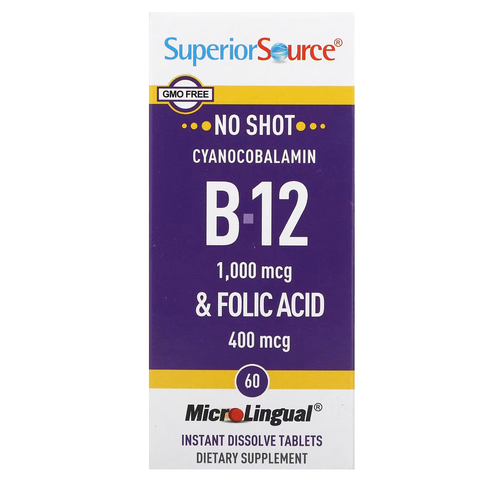 Цианокобаламин B-12 и фолиевая кислота MicroLingual Superior Source, 60 растворяющихся таблеток цианокобаламин b 12 superior source 1000 мкг 100 таблеток