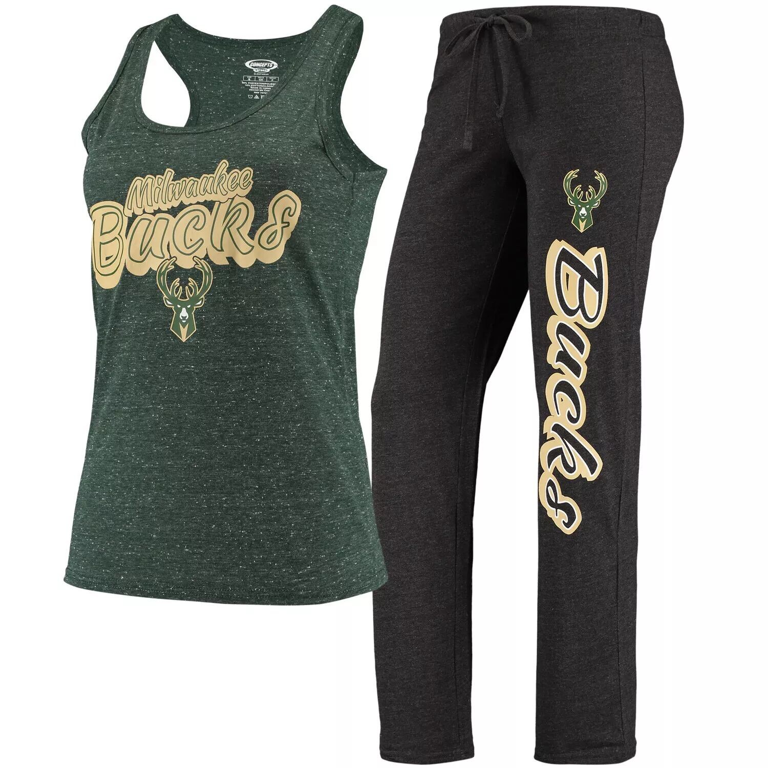 

Женский спортивный черный/зеленый охотничий комплект Milwaukee Bucks Racerback, топ на бретелях и брюки, комплект для сна для женщин Concepts