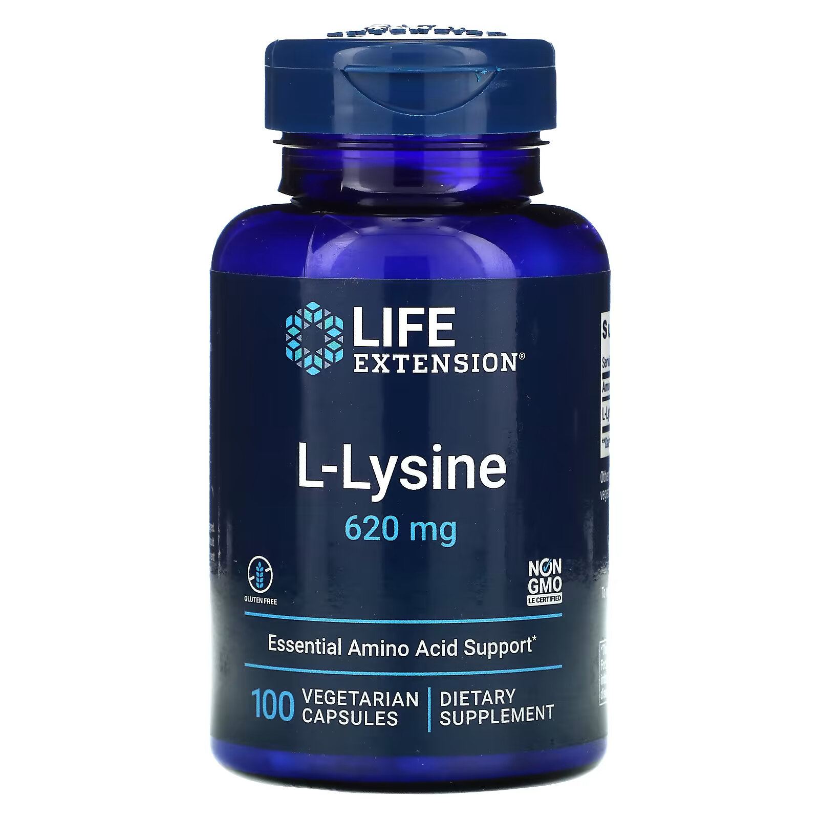 Life Extension, L-лизин, 620 мг, 100 растительных капсул life extension l теанин 100 мг 60 растительных капсул