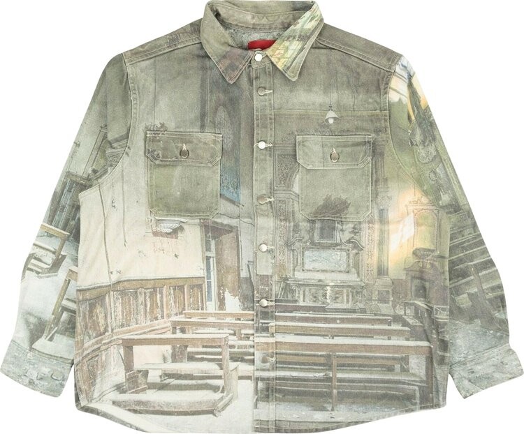 

Рубашка 424 Photo Print Denim Button Down Shirt 'Green', зеленый