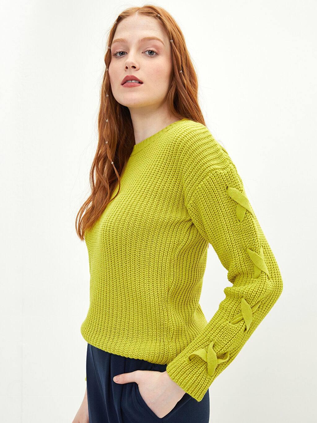 

Женский трикотажный свитер с круглым вырезом и длинным рукавом LCW Casual