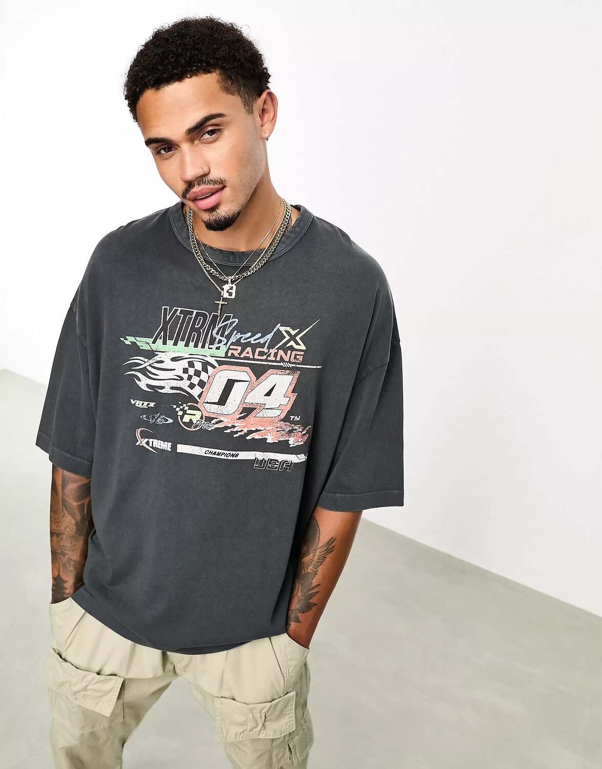 

Футболка Asos Design Oversized With Racing Front Print, серый