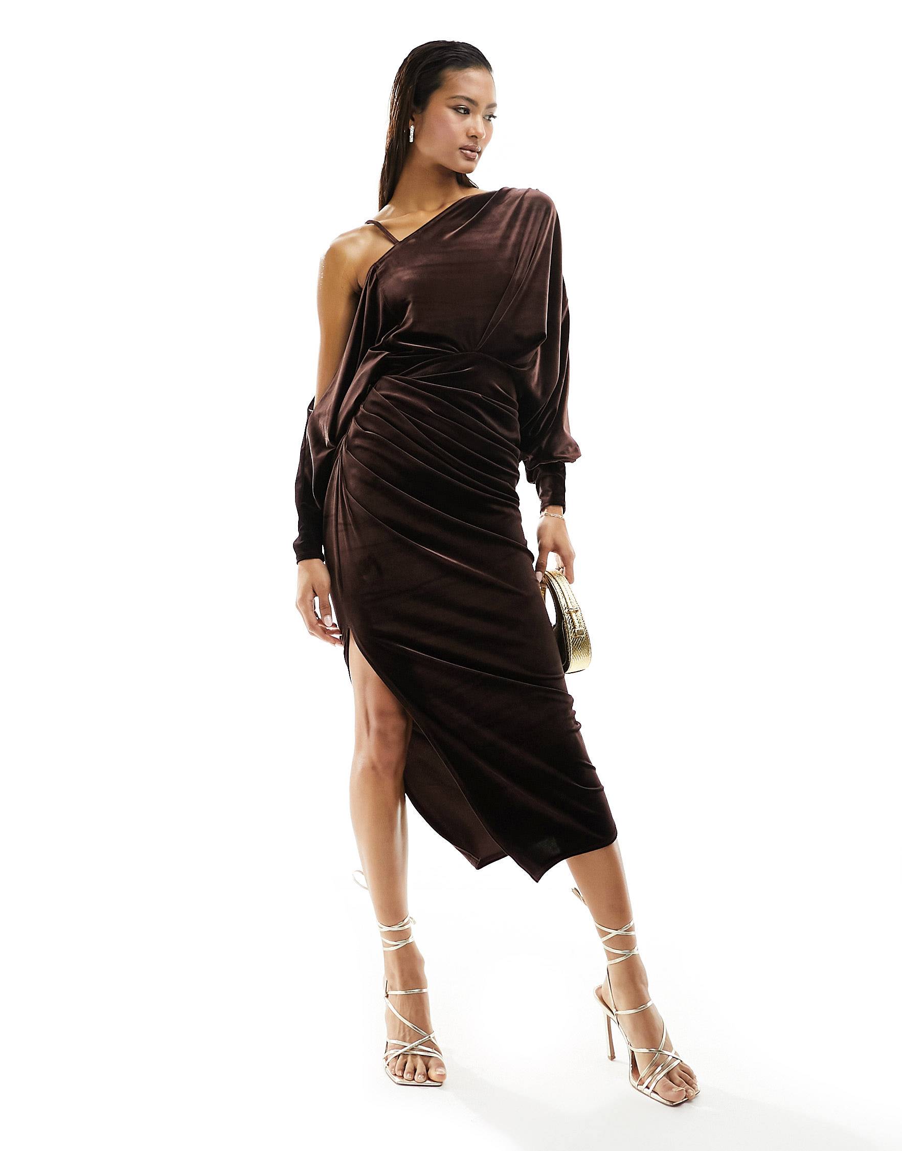 Платье миди Asos Design Velvet Off Shoulder Grecian Drape, коричневый