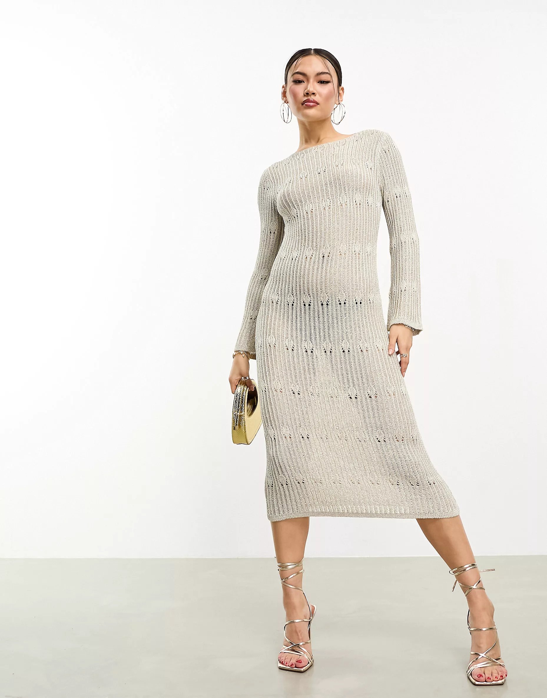 Платье макси Asos Design Metallic Knitted With Stitch Detail, серебристый джемпер asos нежный 40 размер