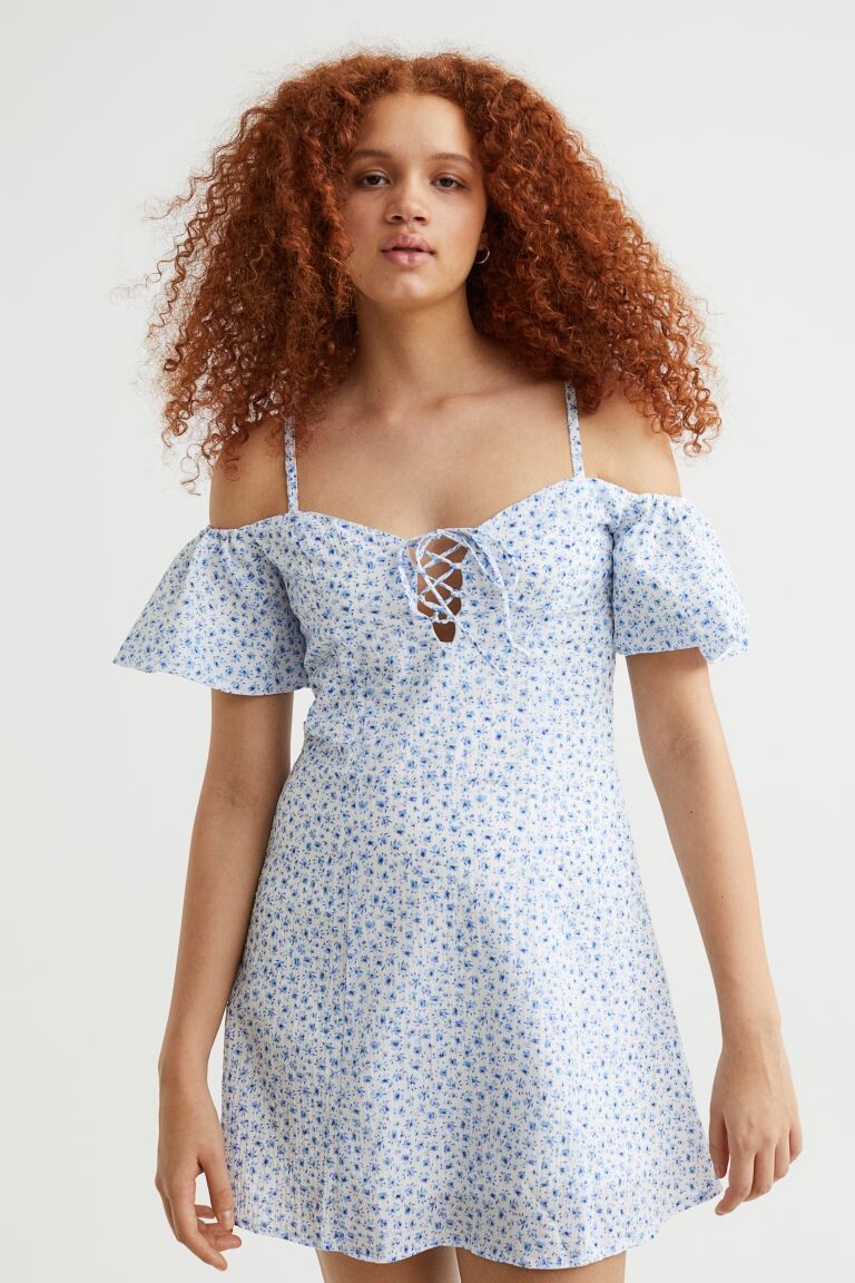 

Платье с открытыми плечами и шнуровкой H&M, голубой/маленькие цветы