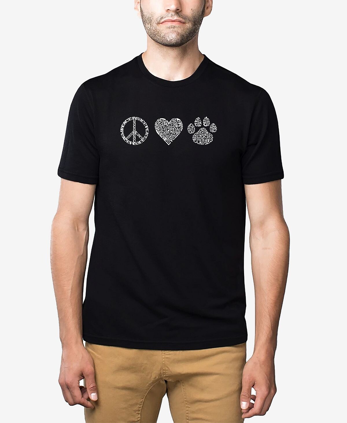 

Мужская футболка premium blend word art peace love cats LA Pop Art, черный