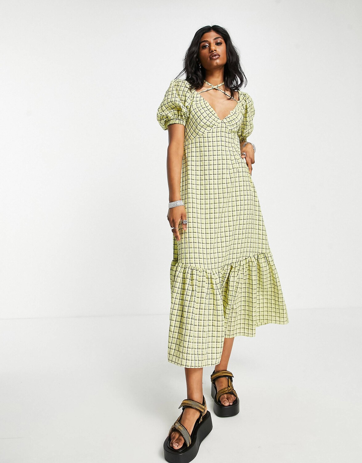 

Темно-синее платье миди в клетку Topshop, Синий