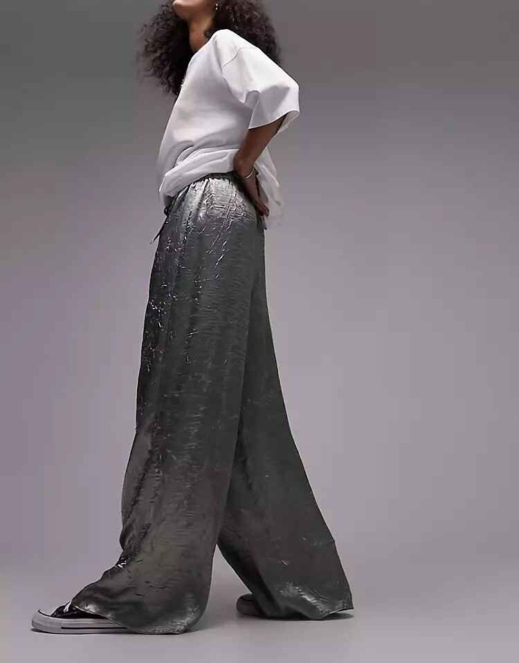 

Брюки Topshop Crinkle Satin, серо-зеленый