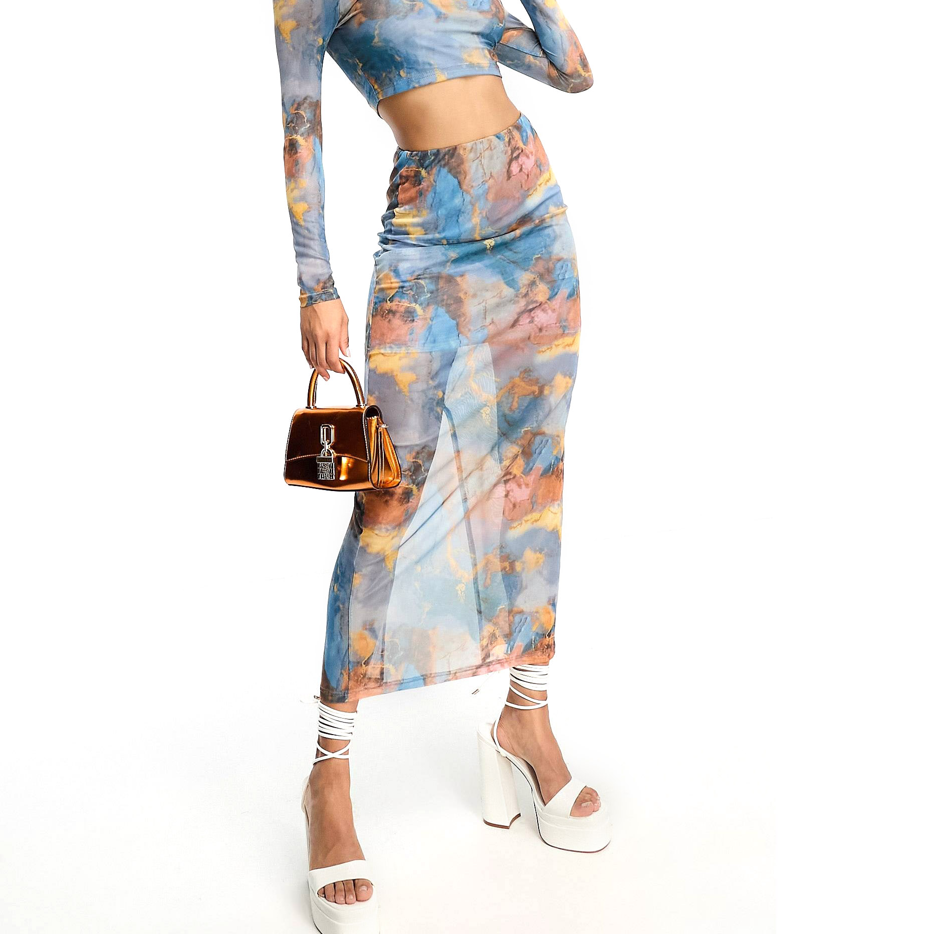 Юбка In The Style Mesh Column Maxi, голубой/мультиколор женская юбка 2022 модная бежевая комбинированная юбка
