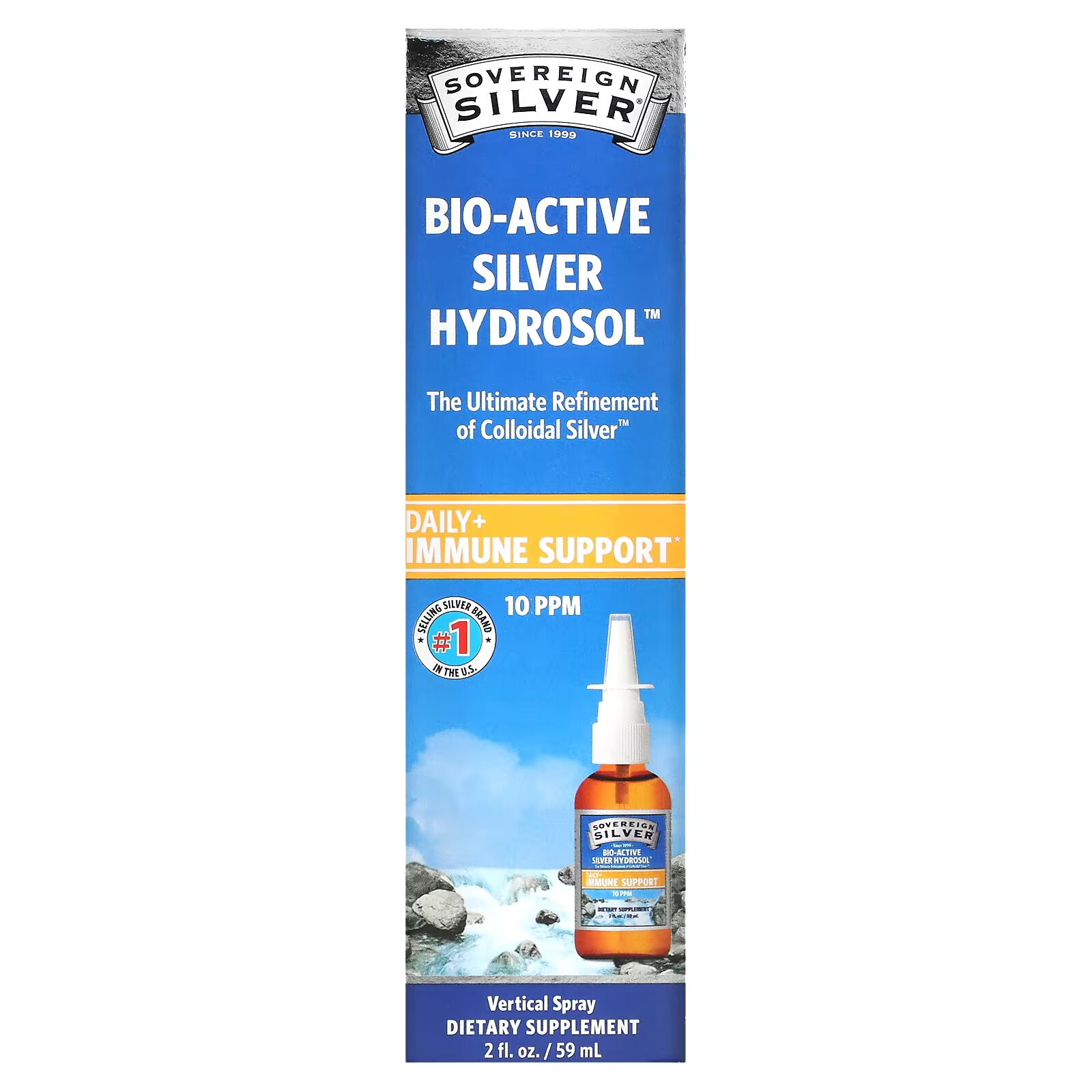 Sovereign Silver, Bio-Active Silver Hydrosol, поддержка иммунитета, вертикальный спрей, 10 част./млн, 59 мл sovereign silver bio active silver hydrosol с капельным дозатором ежедневная и иммунная поддержка 10 ч млн 59 мл 2 жидких унции