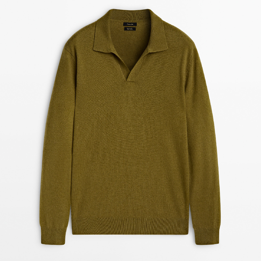 Свитер Massimo Dutti Wool Blend Knit Polo, оливковый свитер massimo dutti wool cashmere blend кремовый