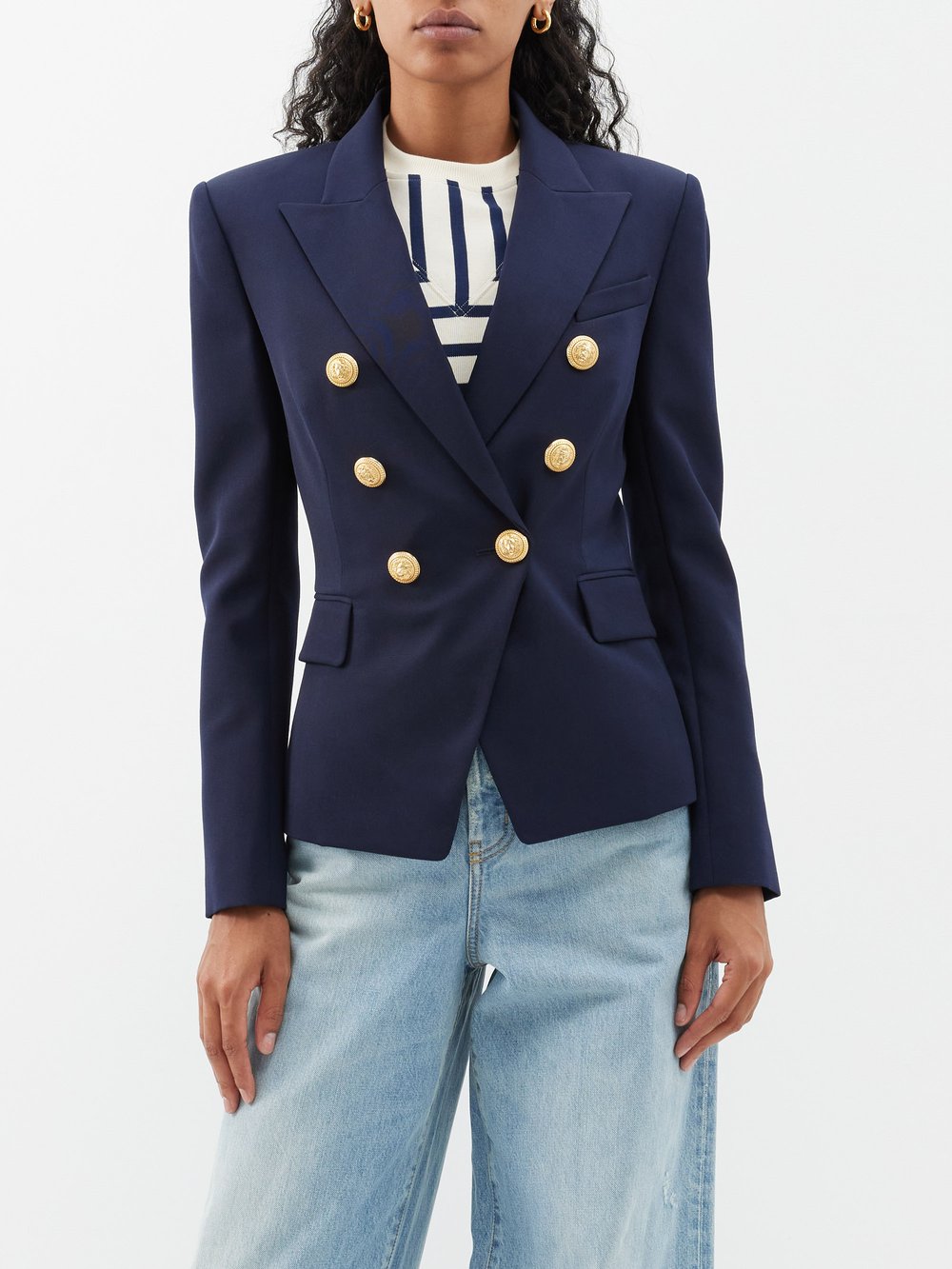 цена Двубортный шерстяной пиджак Balmain, синий