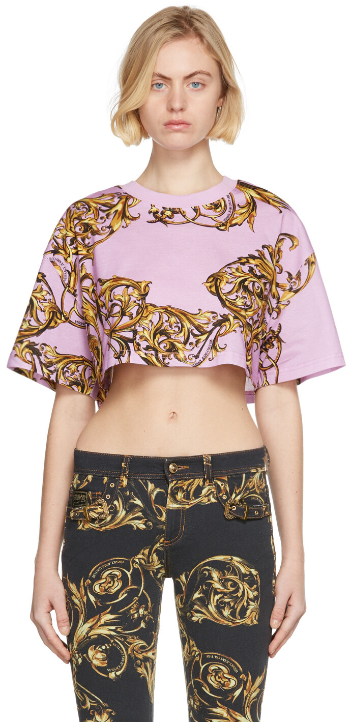 

Розовая укороченная футболка с принтом Versace Jeans Couture