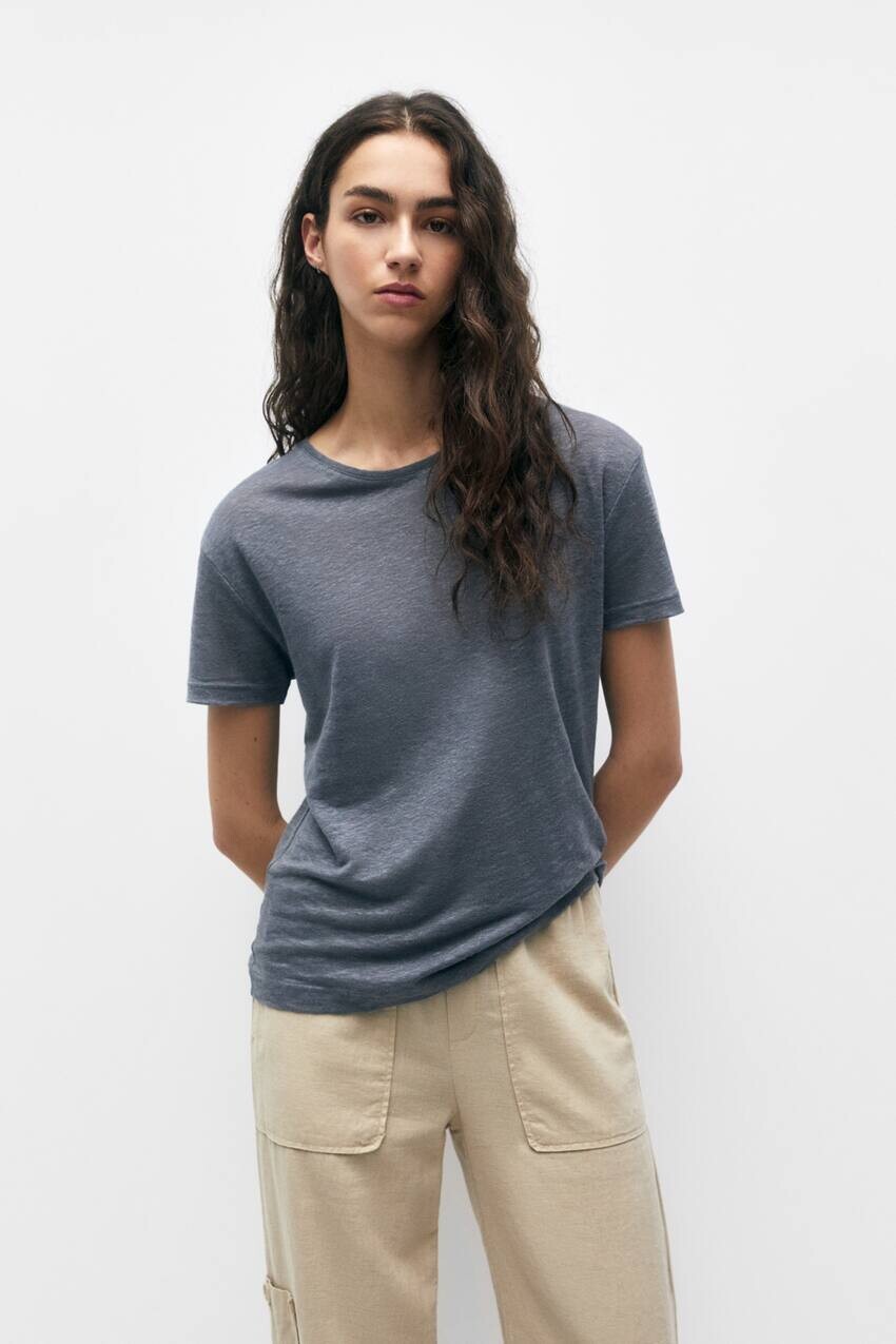 

Льняная футболка с короткими рукавами Pull&Bear, серый