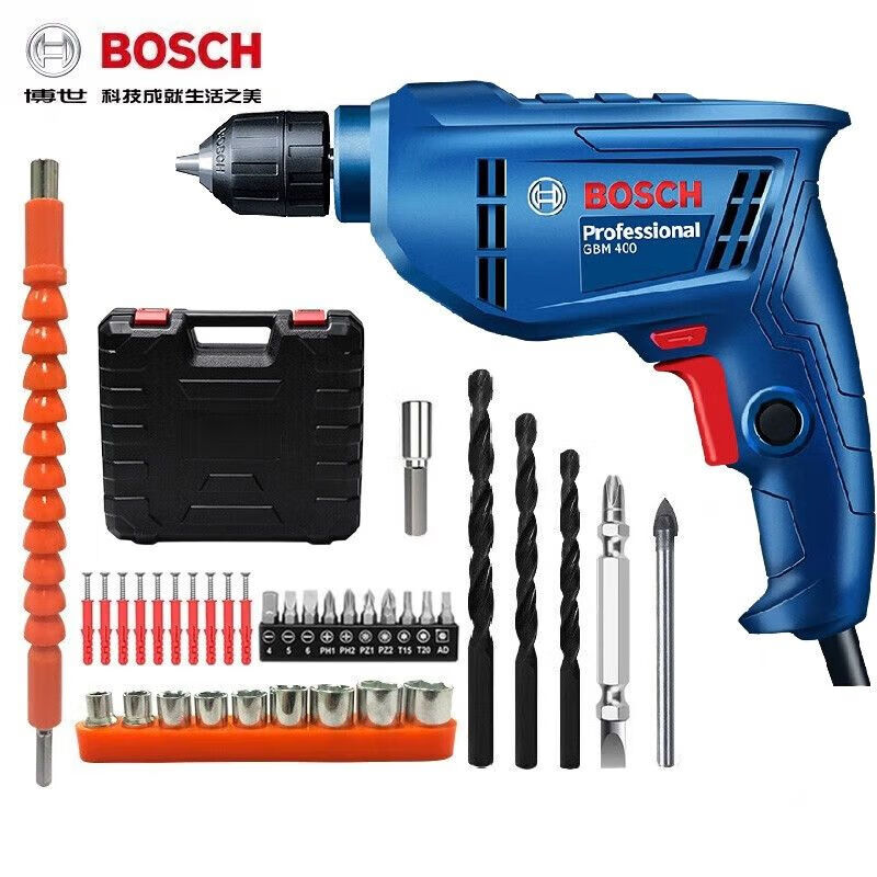 Дрель электрическая Bosch GBM400 + насадки, сверла, кейс