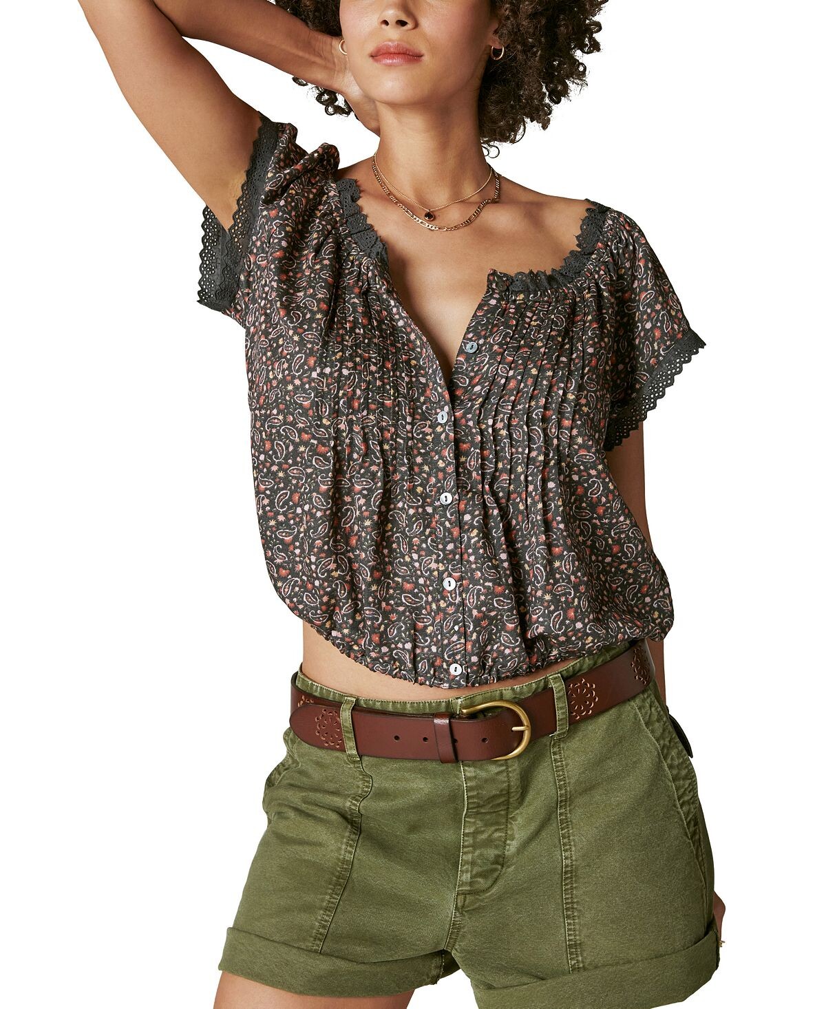 

Женский крестьянский топ на пуговицах с принтом Lucky Brand