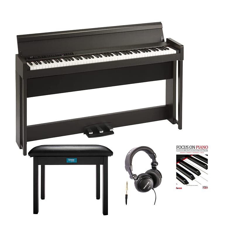 

Korg C1 88-клавишное цифровое пианино (палисандр коричневый) со студийными наушниками, откидной скамейкой и книгой для фортепиано Korg C1 88-Key Digital Piano (Rosewood Brown) with Headphones, Bench, and a Book