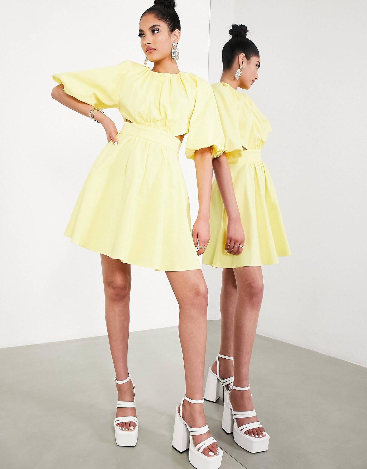 

Лимонное мини-платье с пышными рукавами и вырезом на спине ASOS EDITION