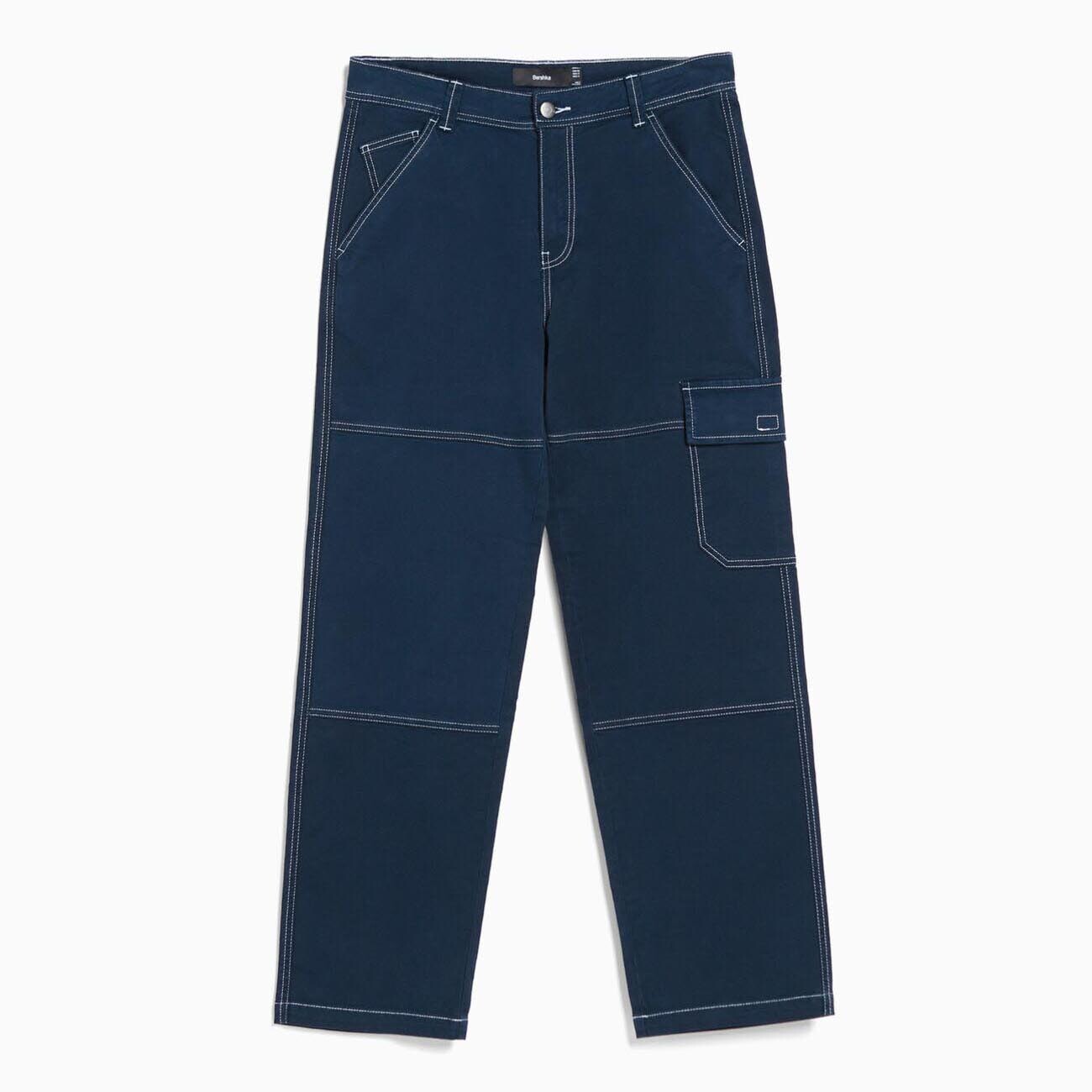 

Брюки Bershka Wide-leg Cargo With Contrast Seams, темно-синий