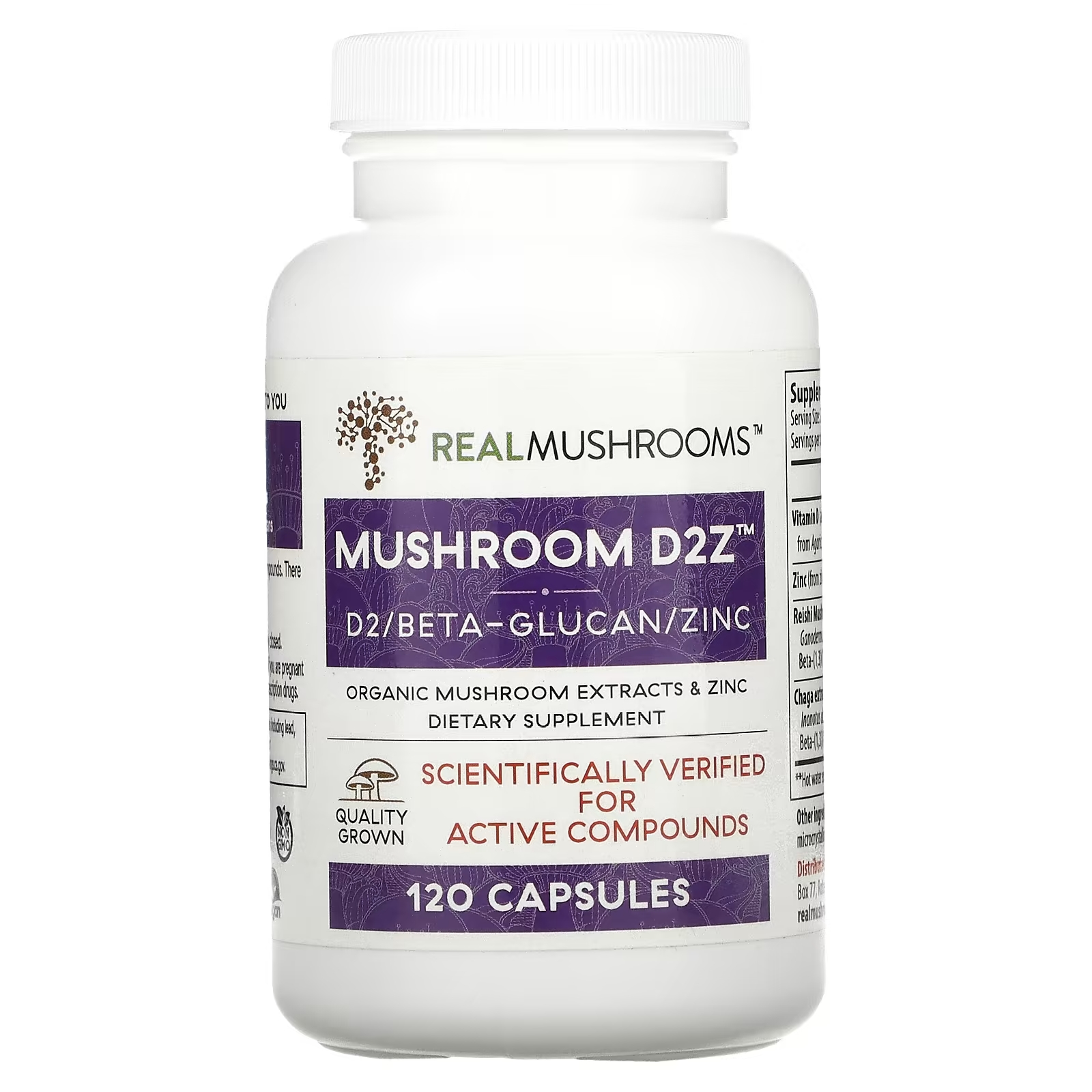 Пищевая Добавка - Бета-Глюкан Цинк Real Mushrooms D2Z, 120 капсул
