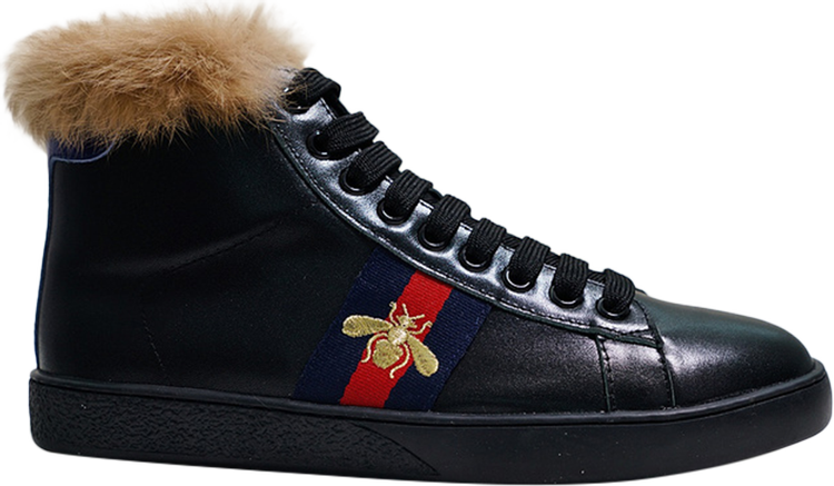 Кроссовки Gucci Stripe Ace High Black Fur, черный - фото