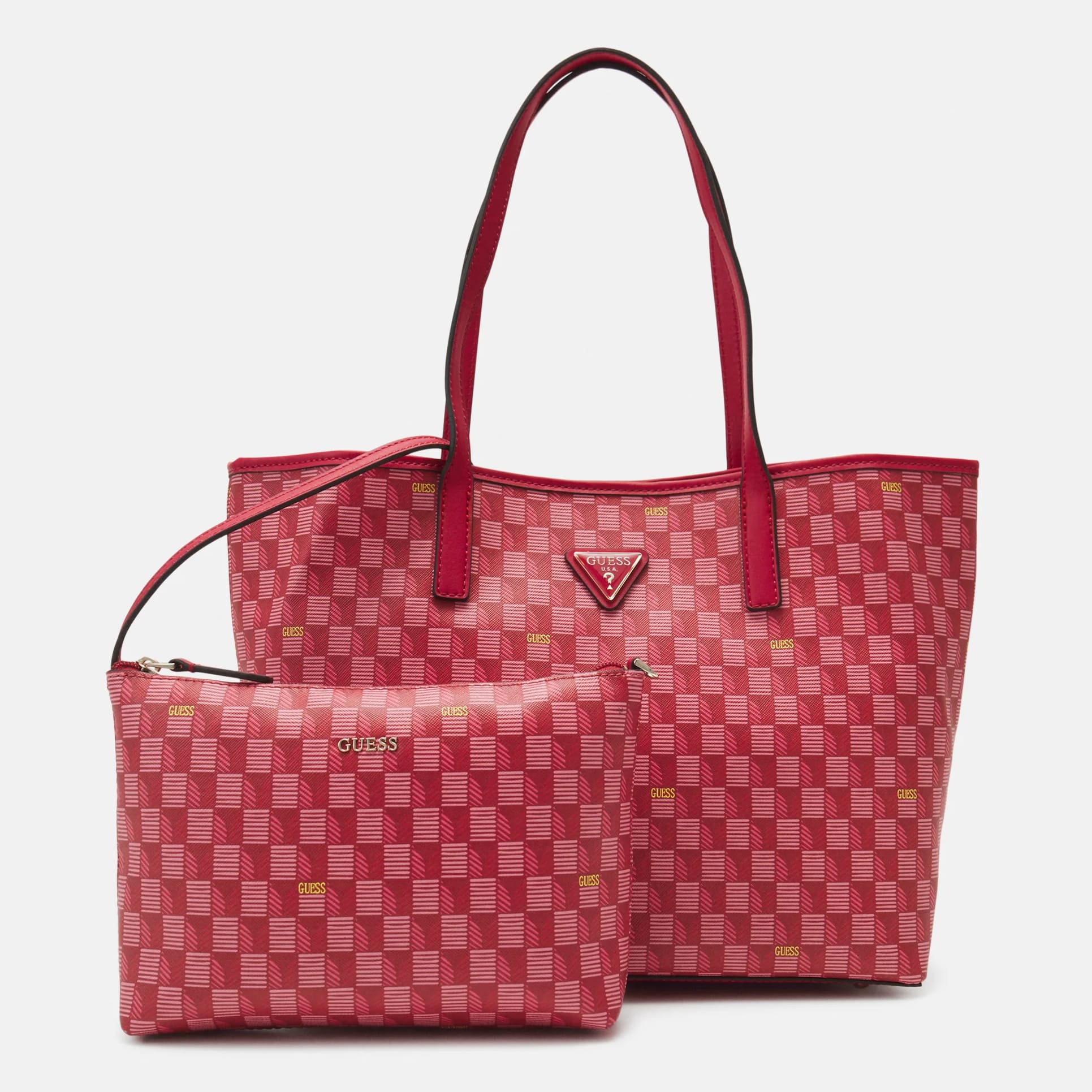 сумка тоут kipling с логотипом розовый Комплект сумок Guess Vikky Geometric Print, 2 предмета, малиновый