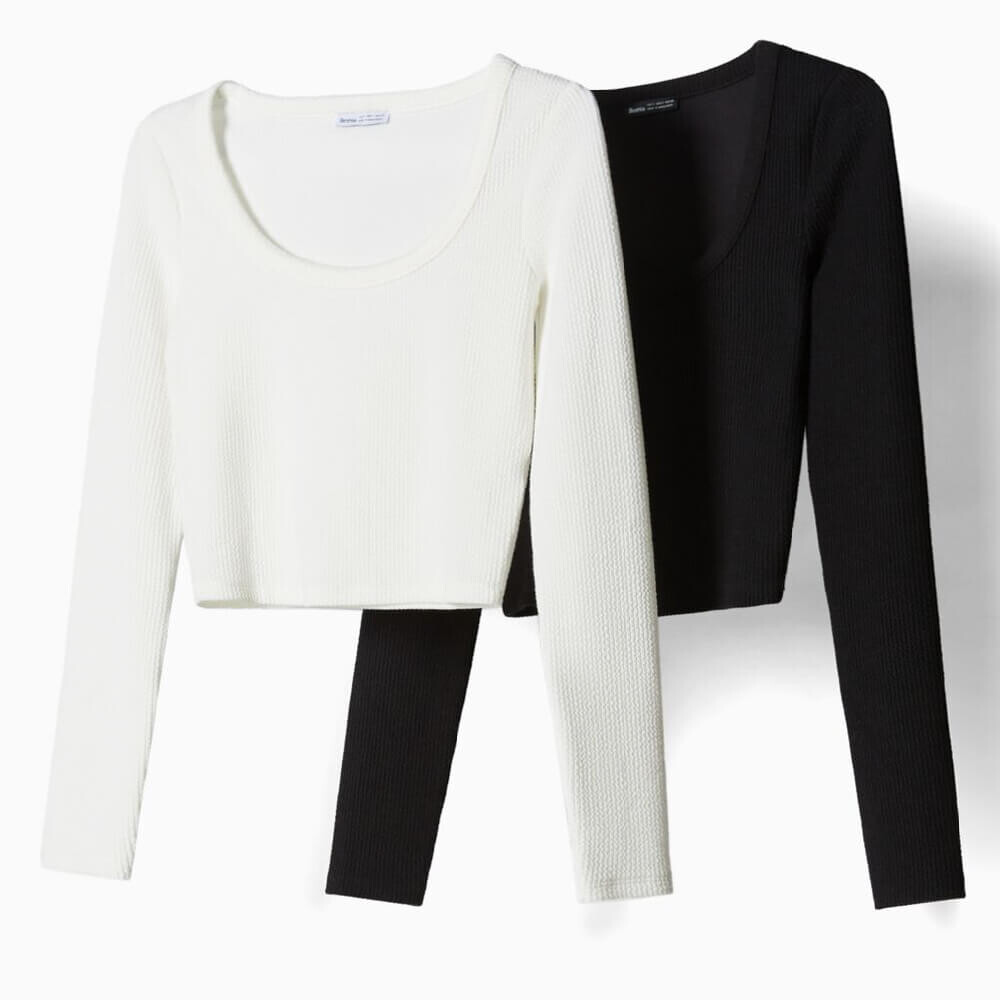 

Комплект топов Bershka Long Sleeve Textured Ribbed, черный/белый