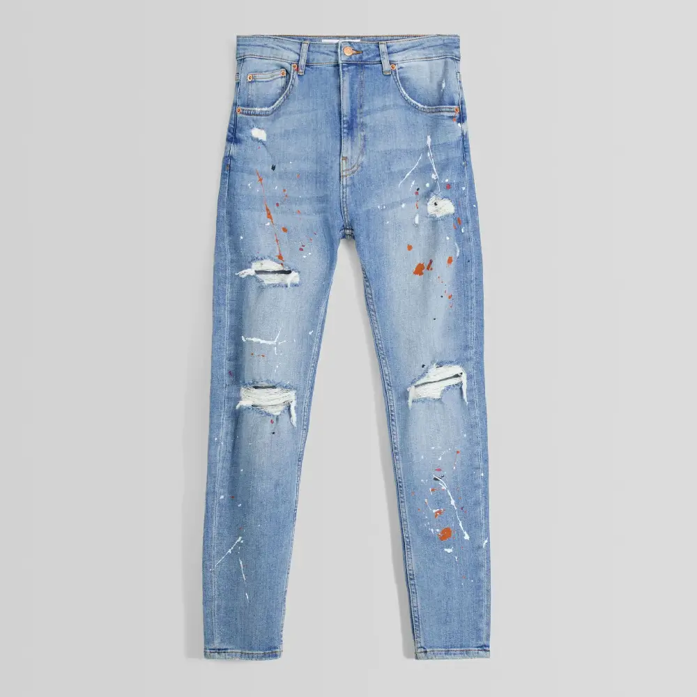 

Джинсы Bershka Ripped Super Skinny With Paint Splatter, голубой