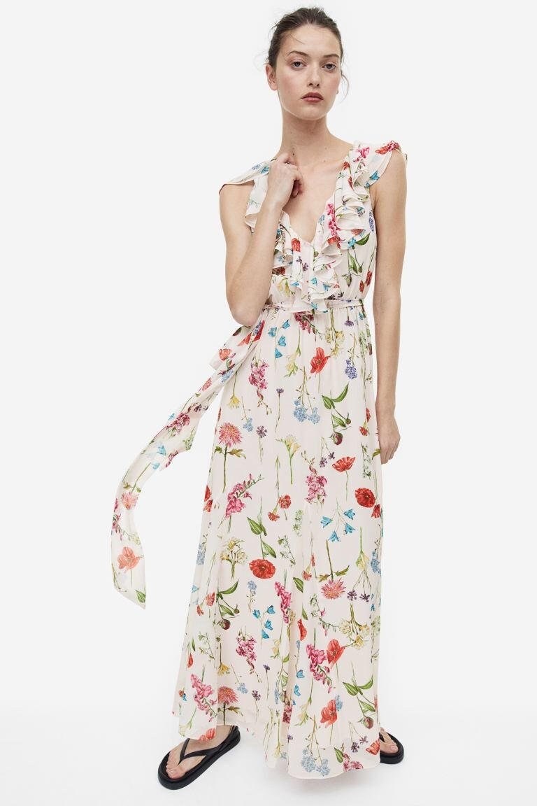 

длинное шифоновое платье H&M, кремовый/цветочный