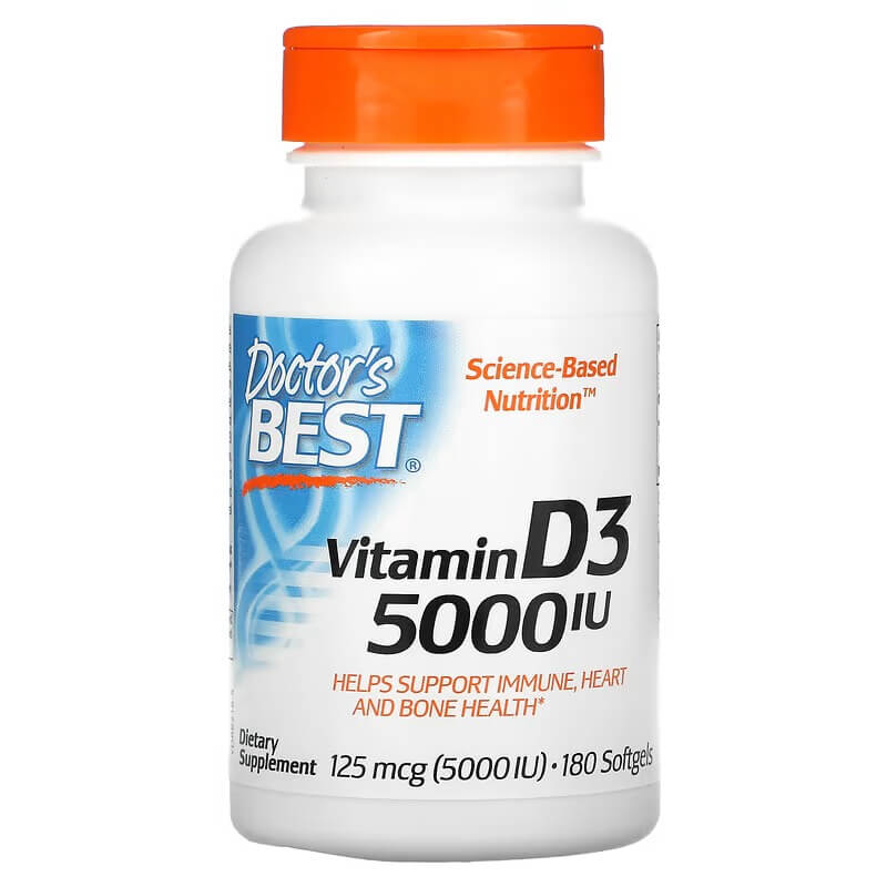 Витамин D3 Doctor's Best 125 мкг 5000 МЕ, 180 мягких таблеток doctor s best витамин d3 125 мкг 5000 ме 360 мягких таблеток