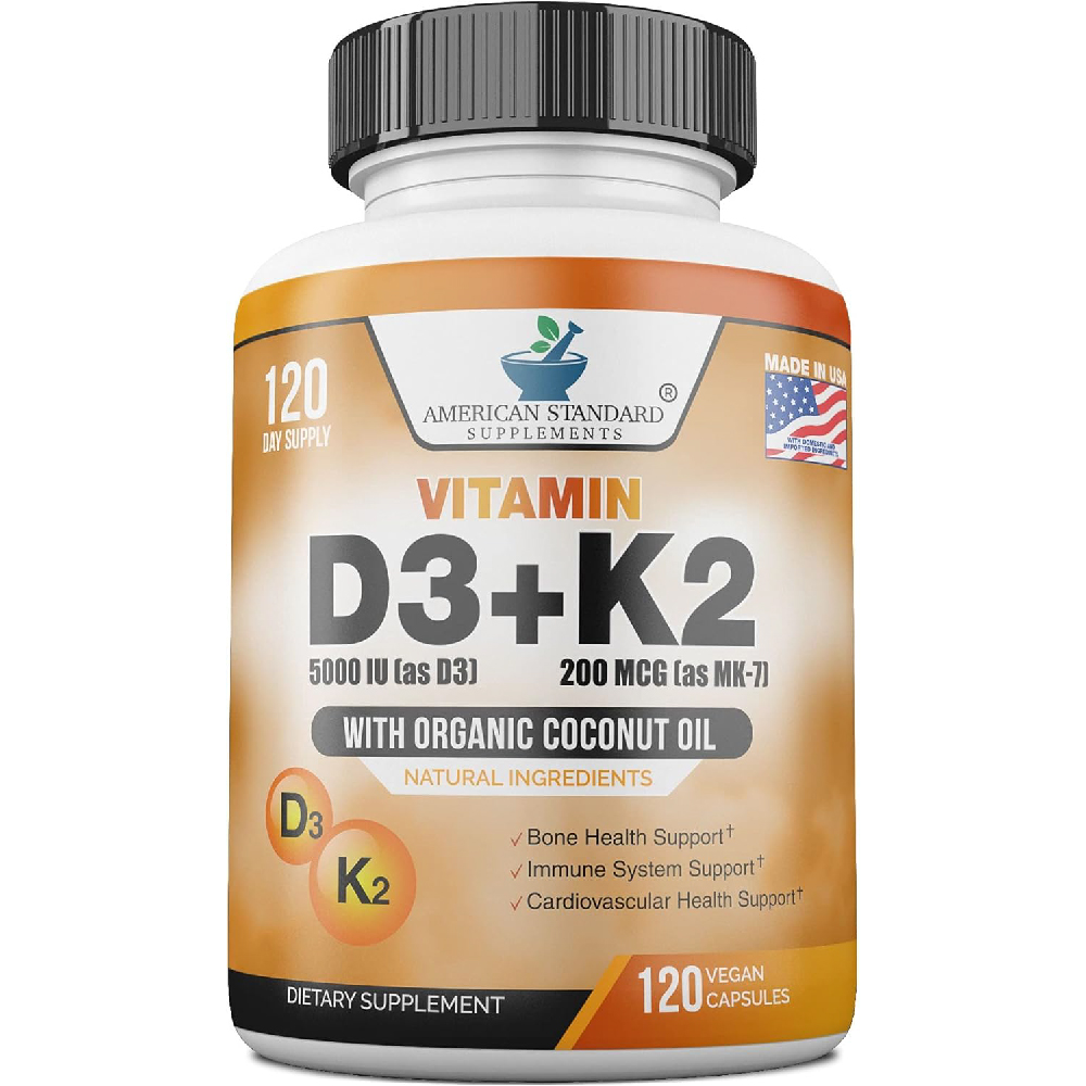 Витамин D3(5000 МЕ) + K2 (MK-7) American Standard, 120 растительных капсул витамин к2 45мкг мк 7 carlson labs 90 капсул добавка для костей сердца сосудов крови для взрослых мужчин и женщин