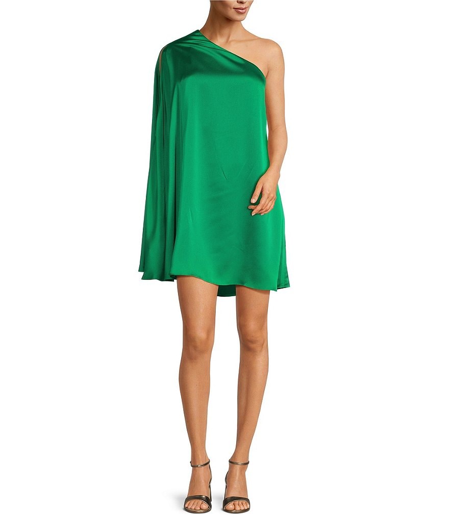 Атласное мини-платье на одно плечо с длинными рукавами Belle Badgley Mischka Kayla, зеленый