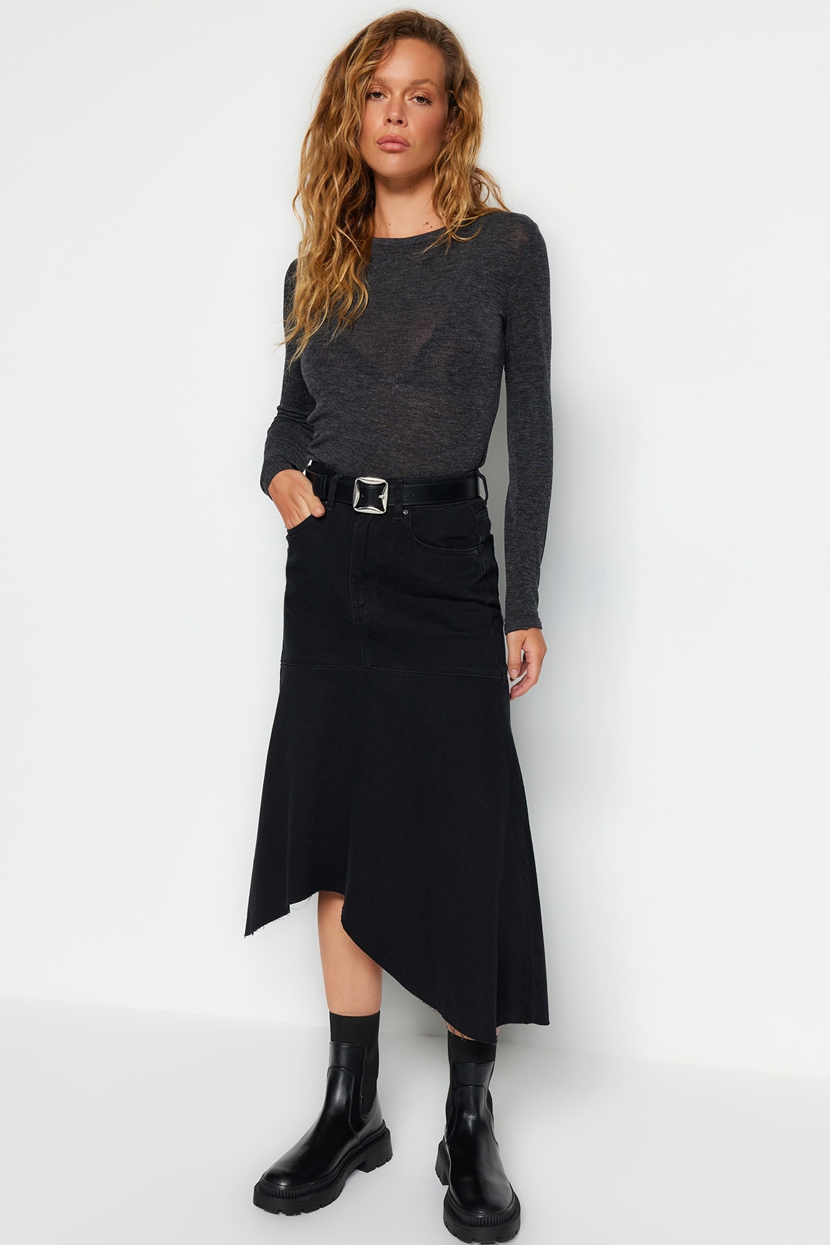 Юбка Trendyol джинсовая с завышенной талией, черный женская джинсовая юбка с завышенной талией однотонная облегающая трапециевидная короткая юбка в офисном стиле лето 2023