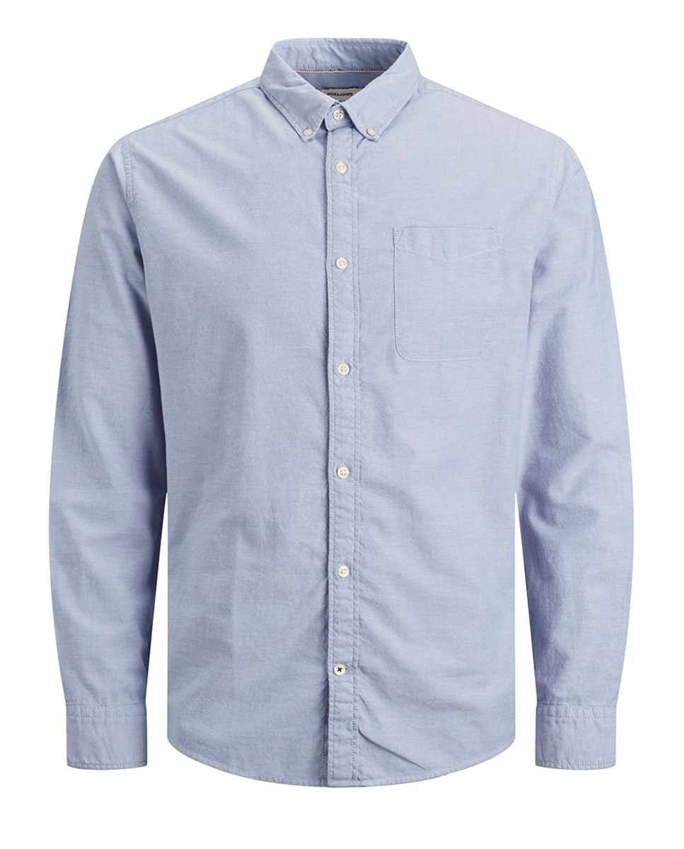 цена Мужская однотонная хлопковая оксфордская рубашка BCI светло-синего цвета Jack & Jones, светло-синий