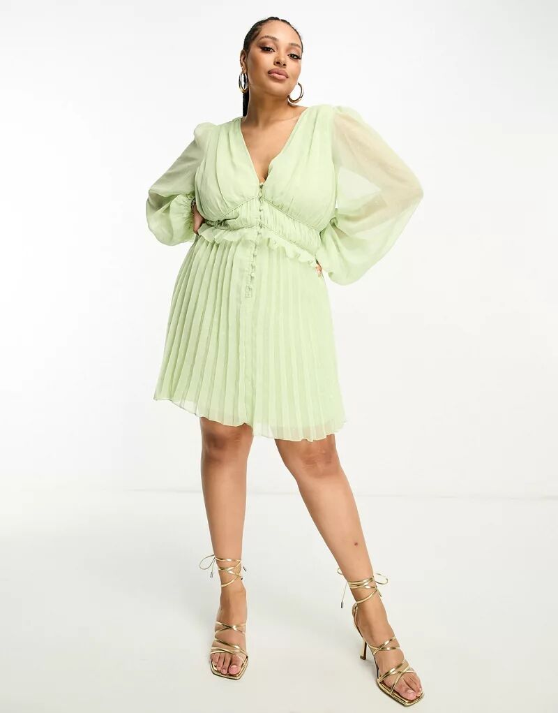 Яблочно-зеленое мини-платье на пуговицах с присборенной талией, складками и металлизированным плюмети ASOS DESIGN Curve цена и фото