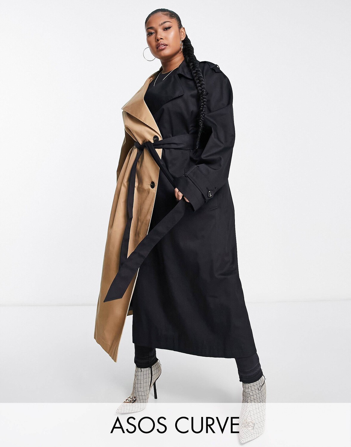 

Черный тренч с отделкой под камень ASOS DESIGN Curve