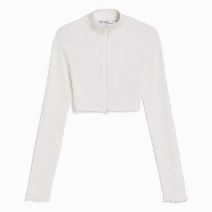 

Кардиган Bershka Cropped High Neck Zip Up, белый