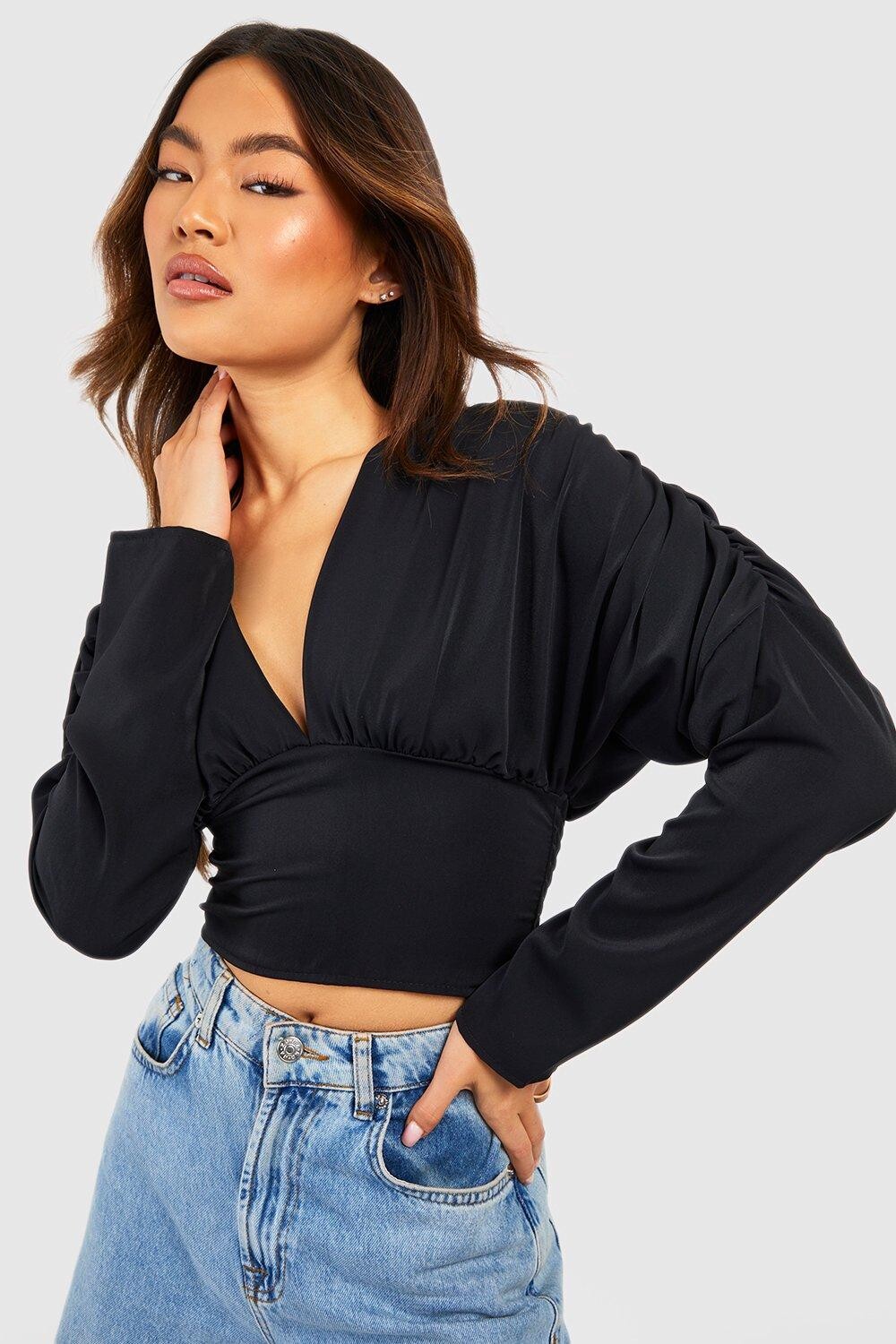 

Укороченный топ с пуховыми рукавами и корсетом Boohoo, черный