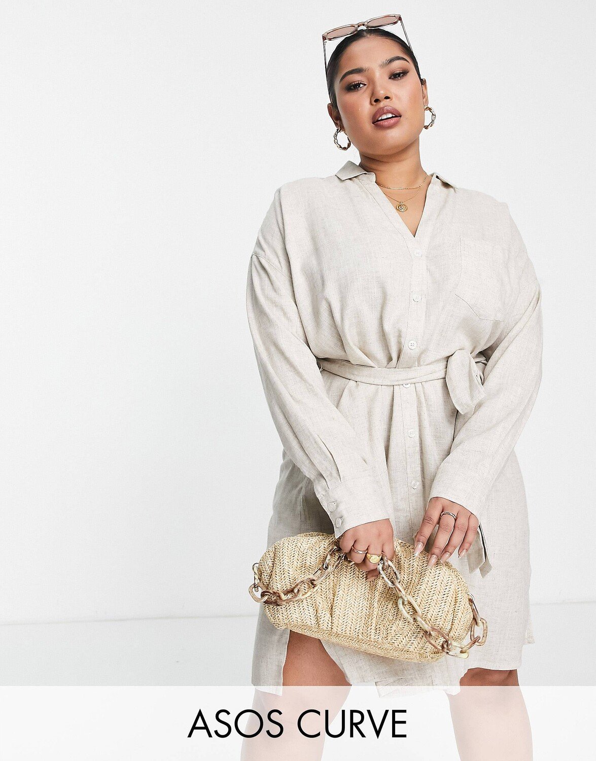 

Натуральное пляжное платье-рубашка с поясом и поясом ASOS DESIGN Curve