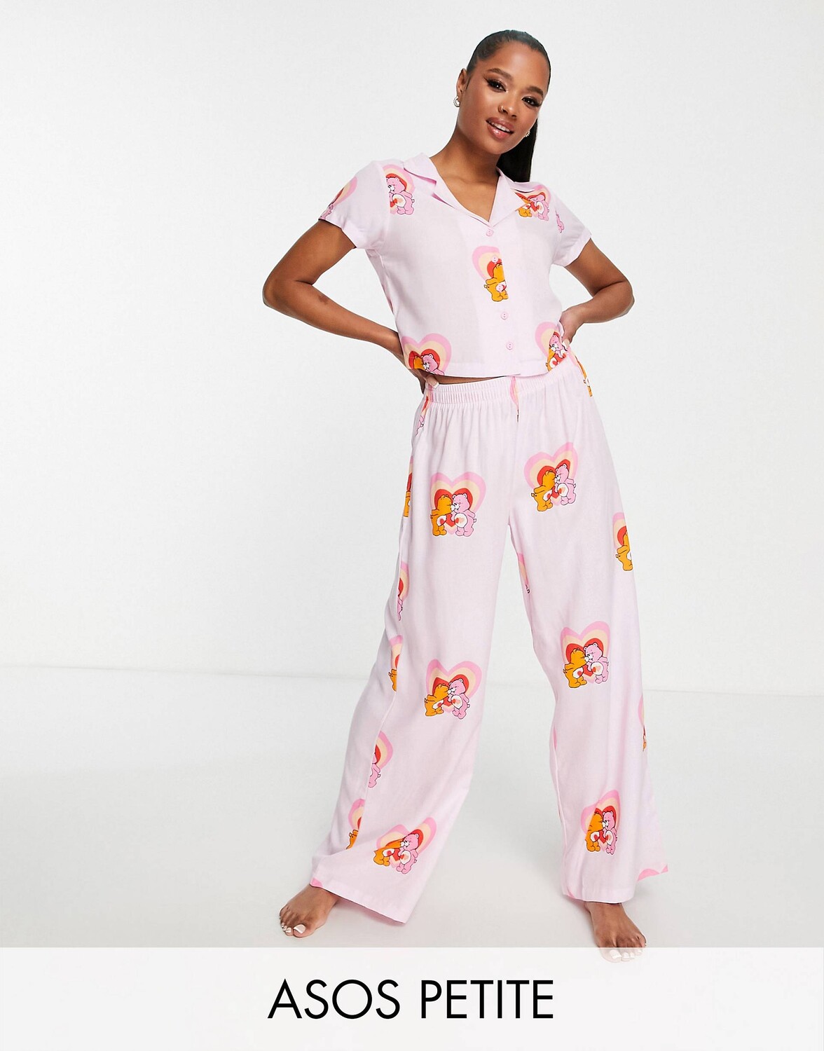 

Розовая пижама из модала с рубашкой и брюками ASOS DESIGN Petite Care Bears