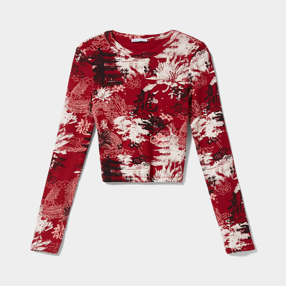 

Лонгслив Bershka Butterfly Print, красный