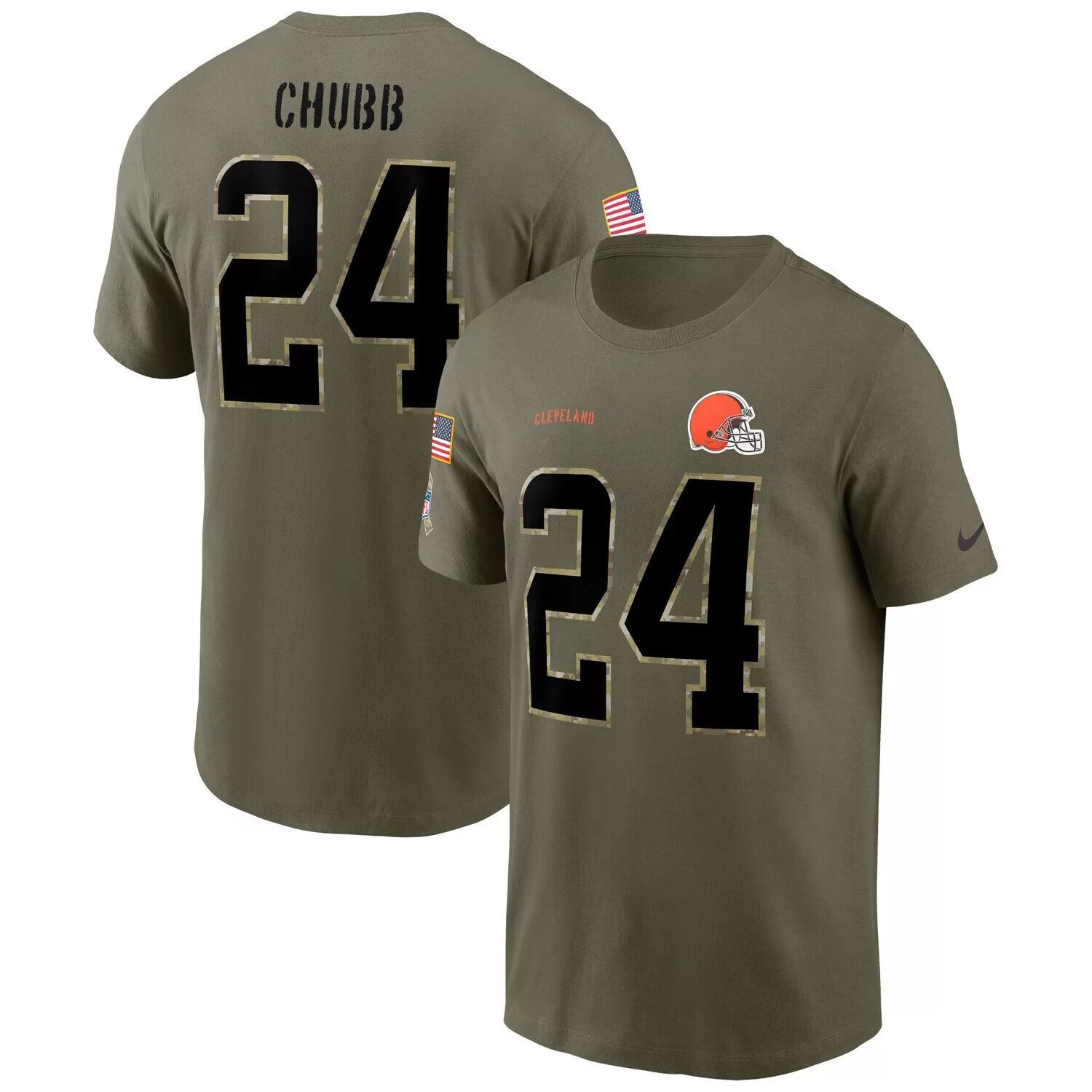 

Мужская футболка Nike Nick Chubb Olive Cleveland Browns 2022 Salute To Service с названием и номером