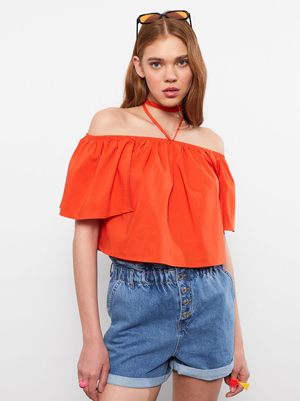 

Вырез лодочкой Прямая женская блузка из поплина с короткими рукавами LCW Casual